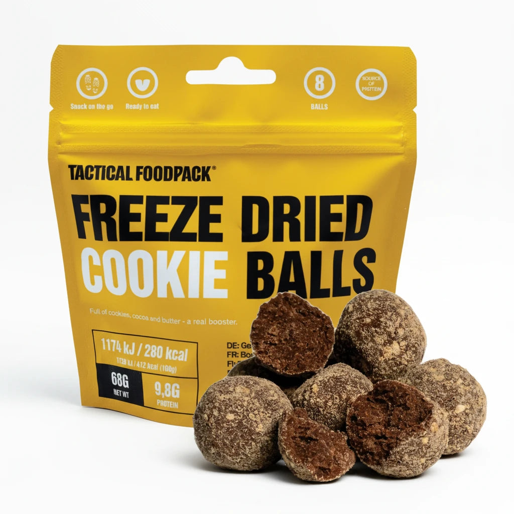 Packaging of Tactical Foodpack freeze-dried cookie balls with cookies in front