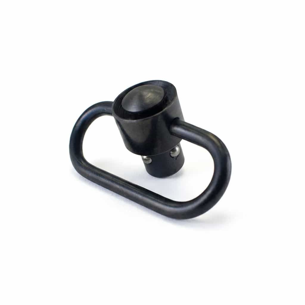 Black metal sling swivel on a white background