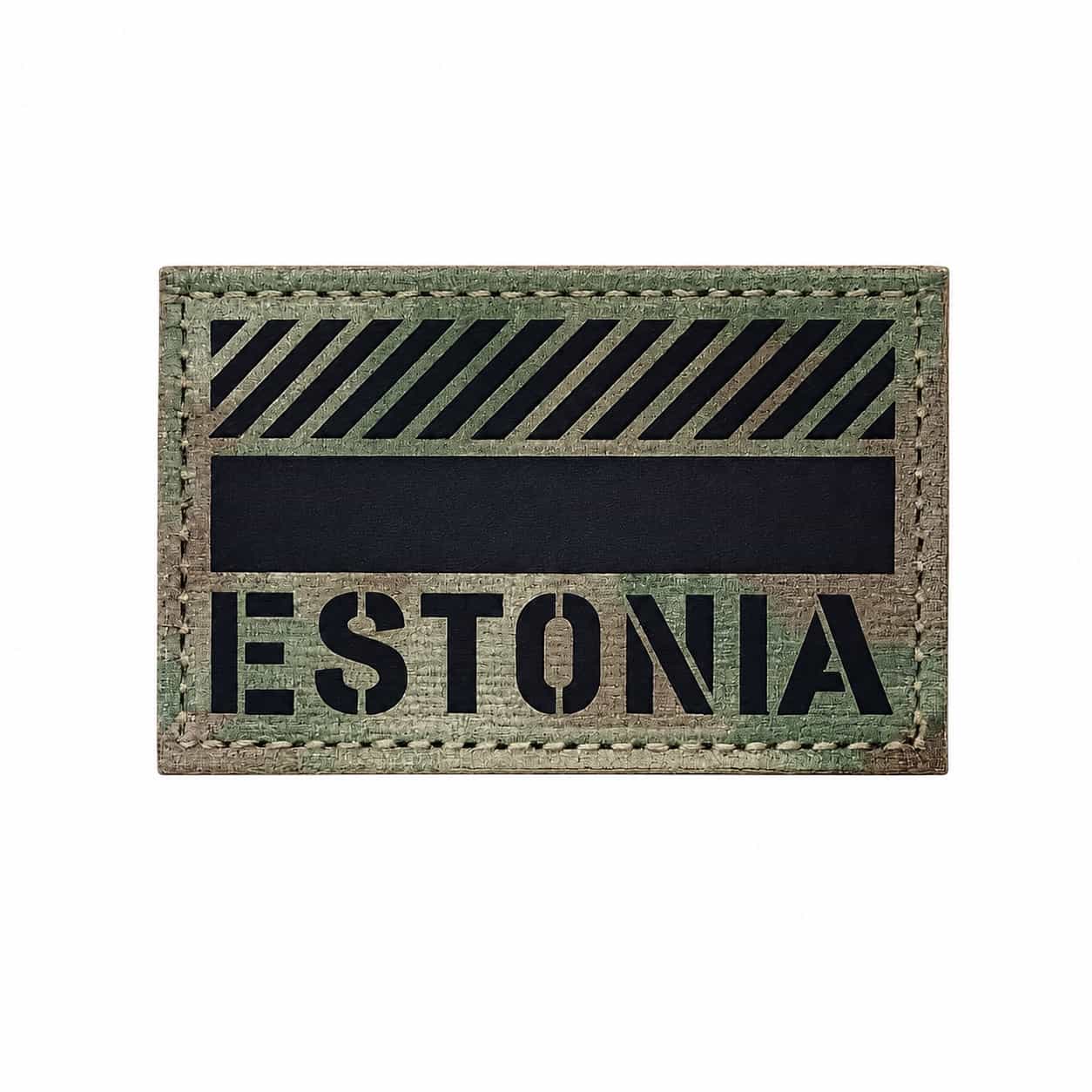 A rectangular tactical patch featuring the 'ESTONIA' in bold black letters over a multicam background with a black horizontal stripe and diagonal black stripes at the top.