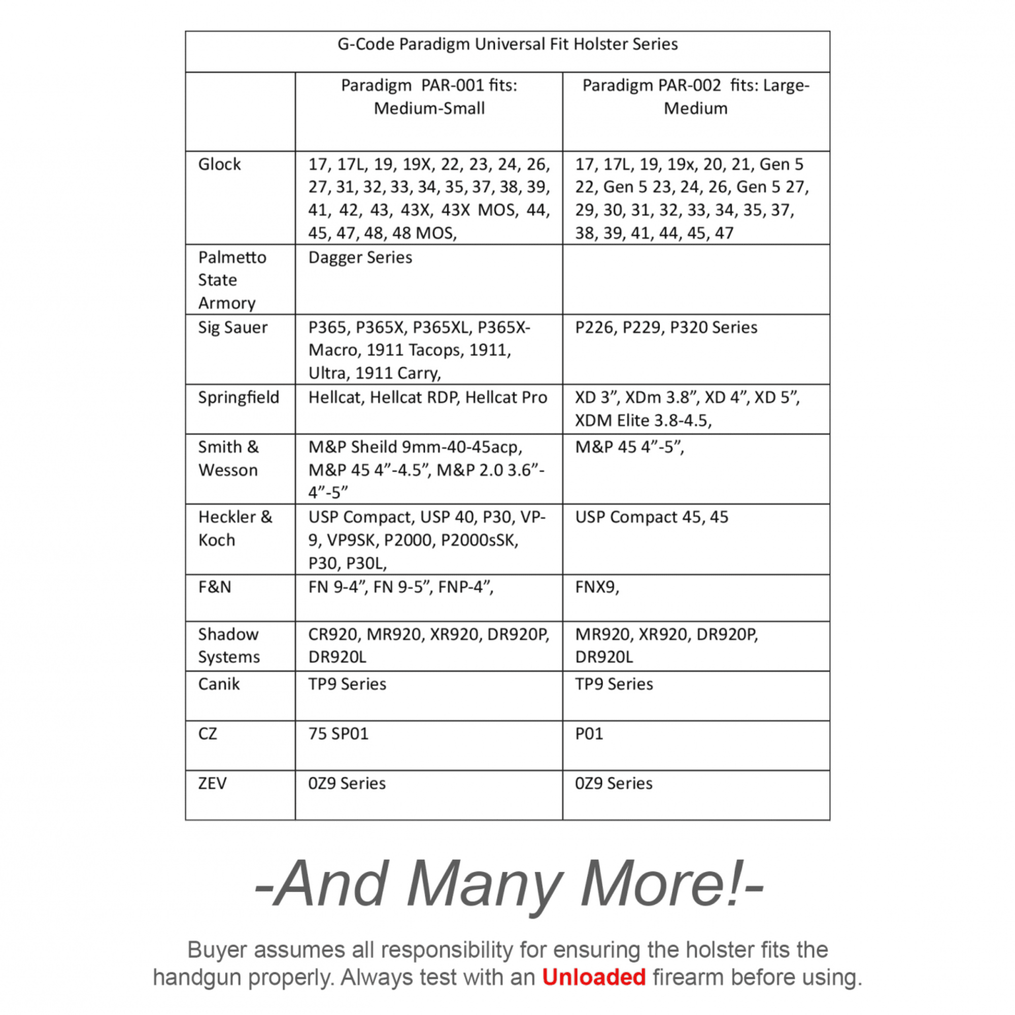 G-Code Paradigm Universal Fit Holster (IWB and OWB) gun list
