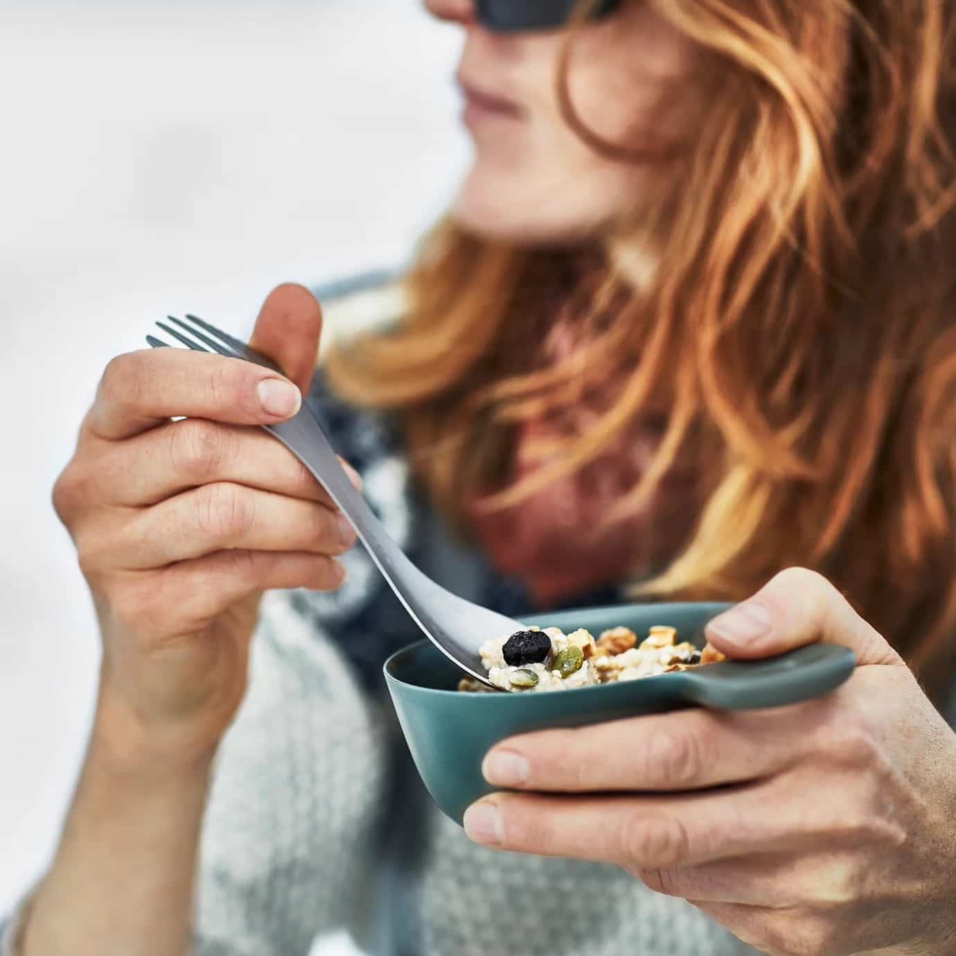 Light My Fire Swedish Spork Titanium and Green plate with food
