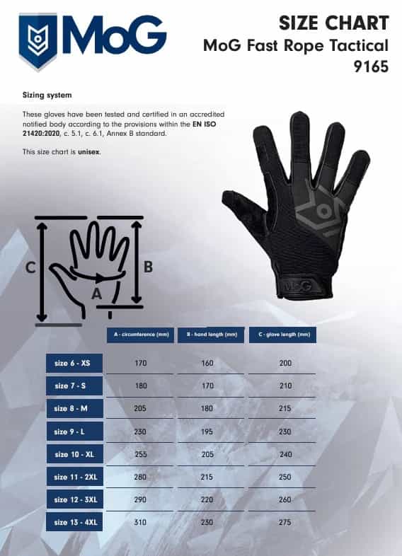 Master of Gloves MOG Fast Rope Tactical size chart