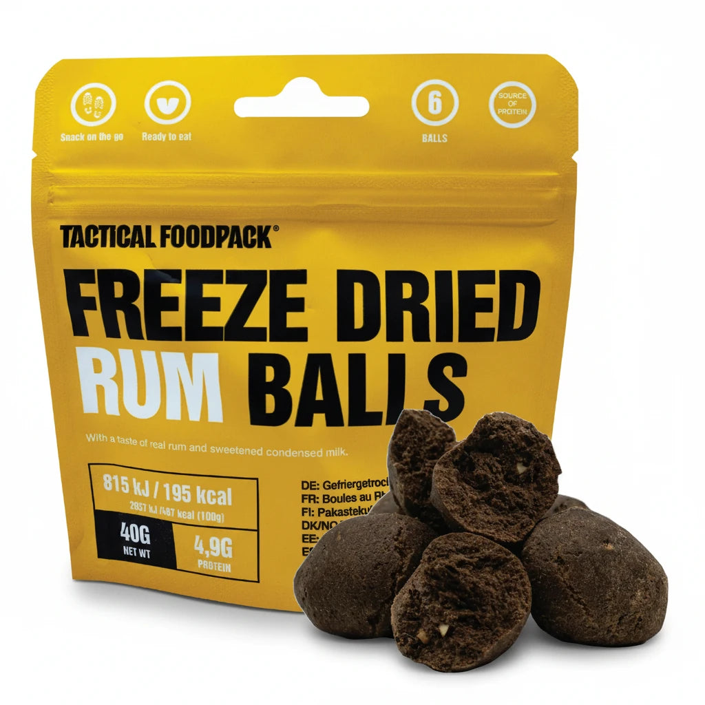Packaging of Tactical Foodpack Freeze Dried Rum Balls with yellow background