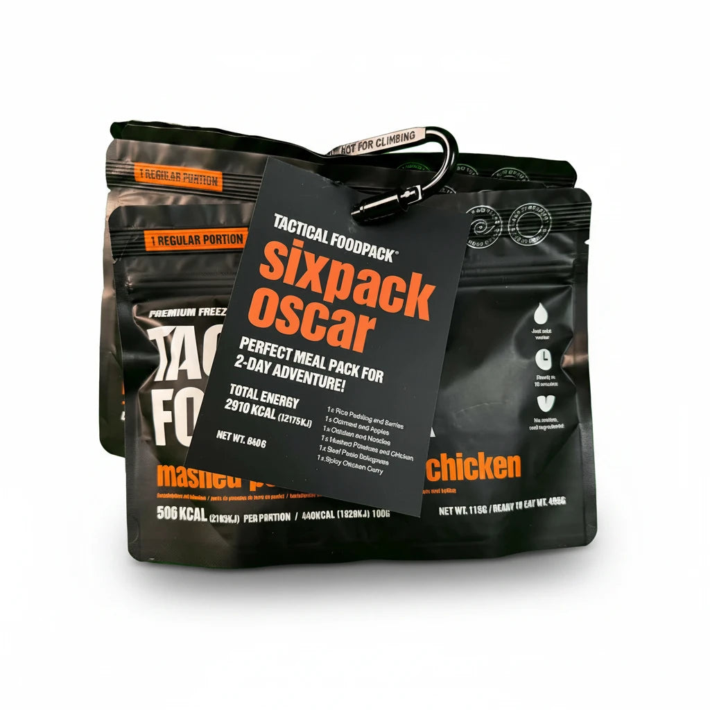 Tactical Foodpack Sixpack Oscar meal pack with branding and product details on a white background