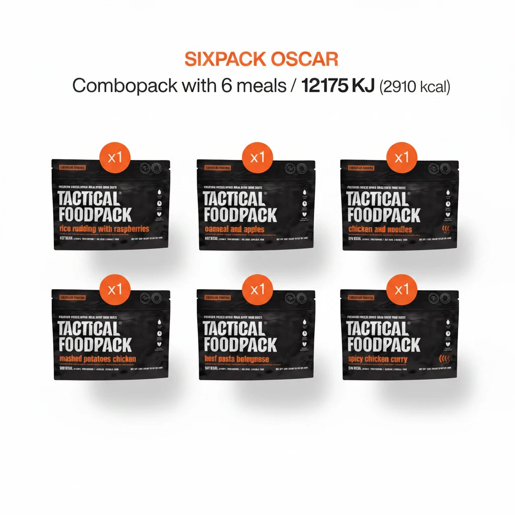 Sixpack Oscar combopack with six meals on a black background