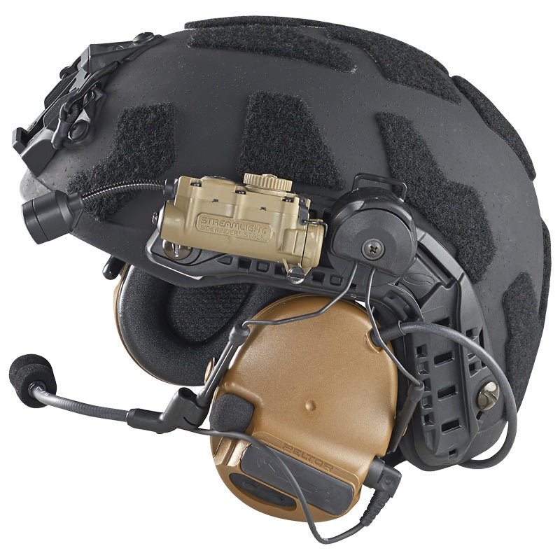 Streamlight Sidewinder Stalk® Helmet Light - ARC Rail model on helmet coyote
