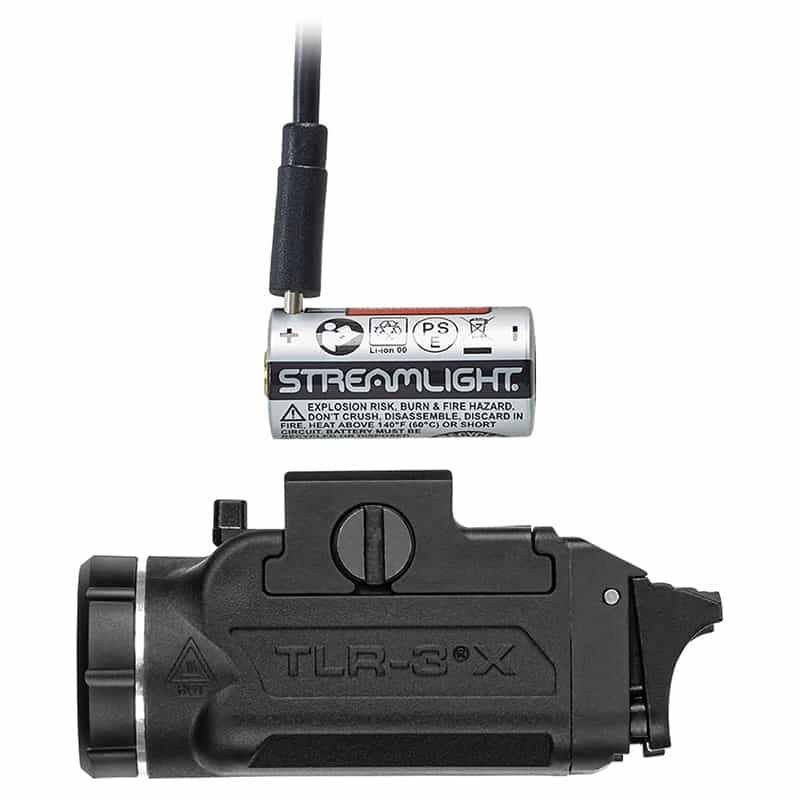 Streamlight TLR-3X flashlight with battery on a white background