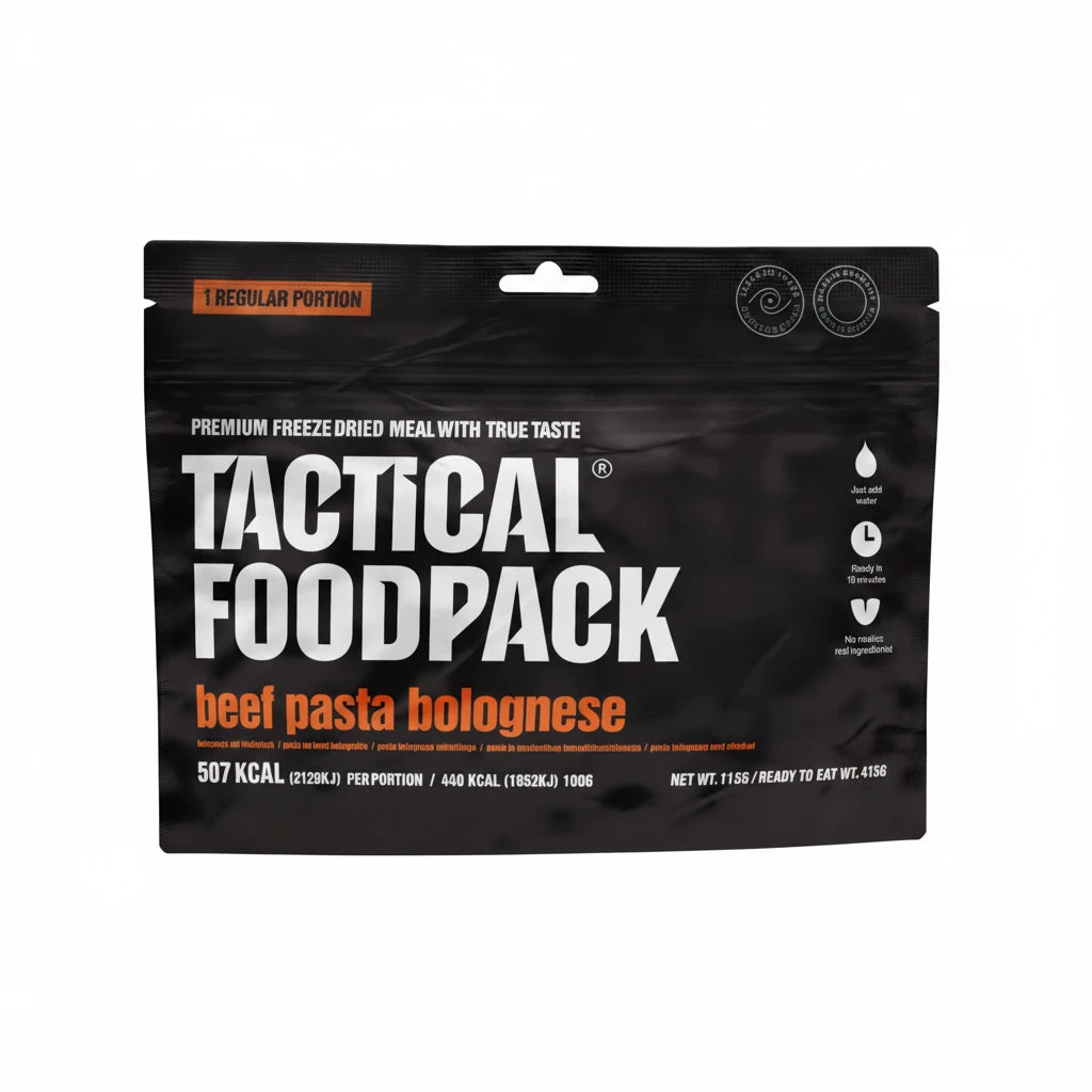 Tactical Foodpack beef pasta bolognese freeze-dried meal package on a white background