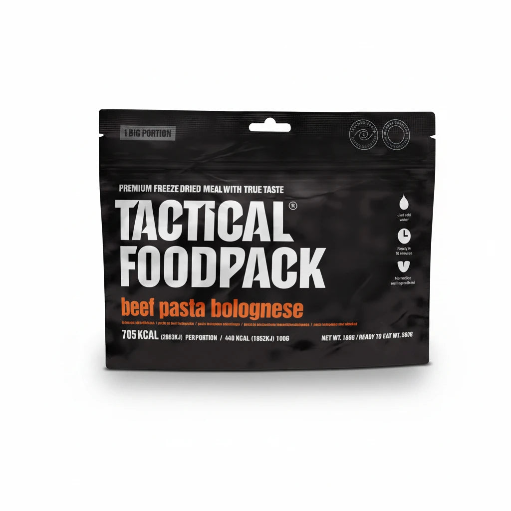Tactical Foodpack beef pasta bolognese package on a white background