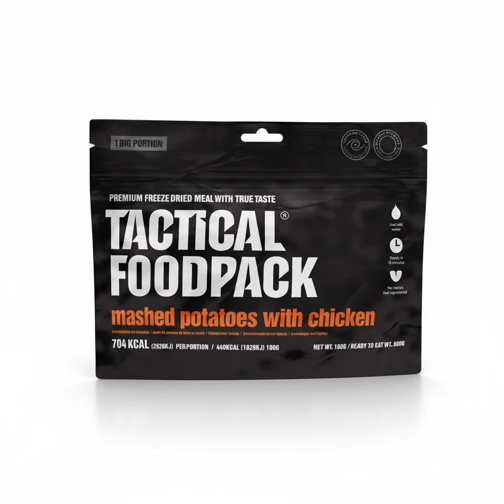 Tactical Foodpack package of mashed potatoes with chicken on a white background