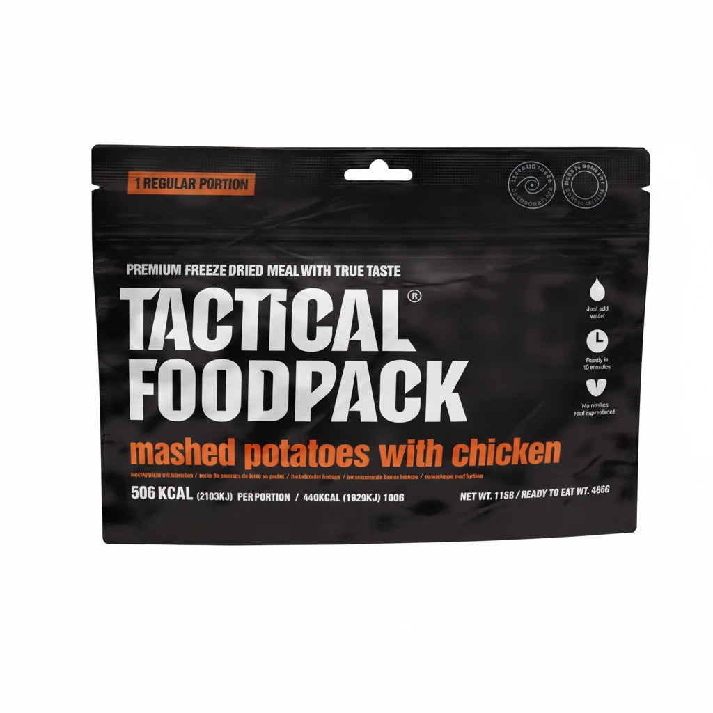 Tactical Foodpack package of mashed potatoes with chicken on a white background
