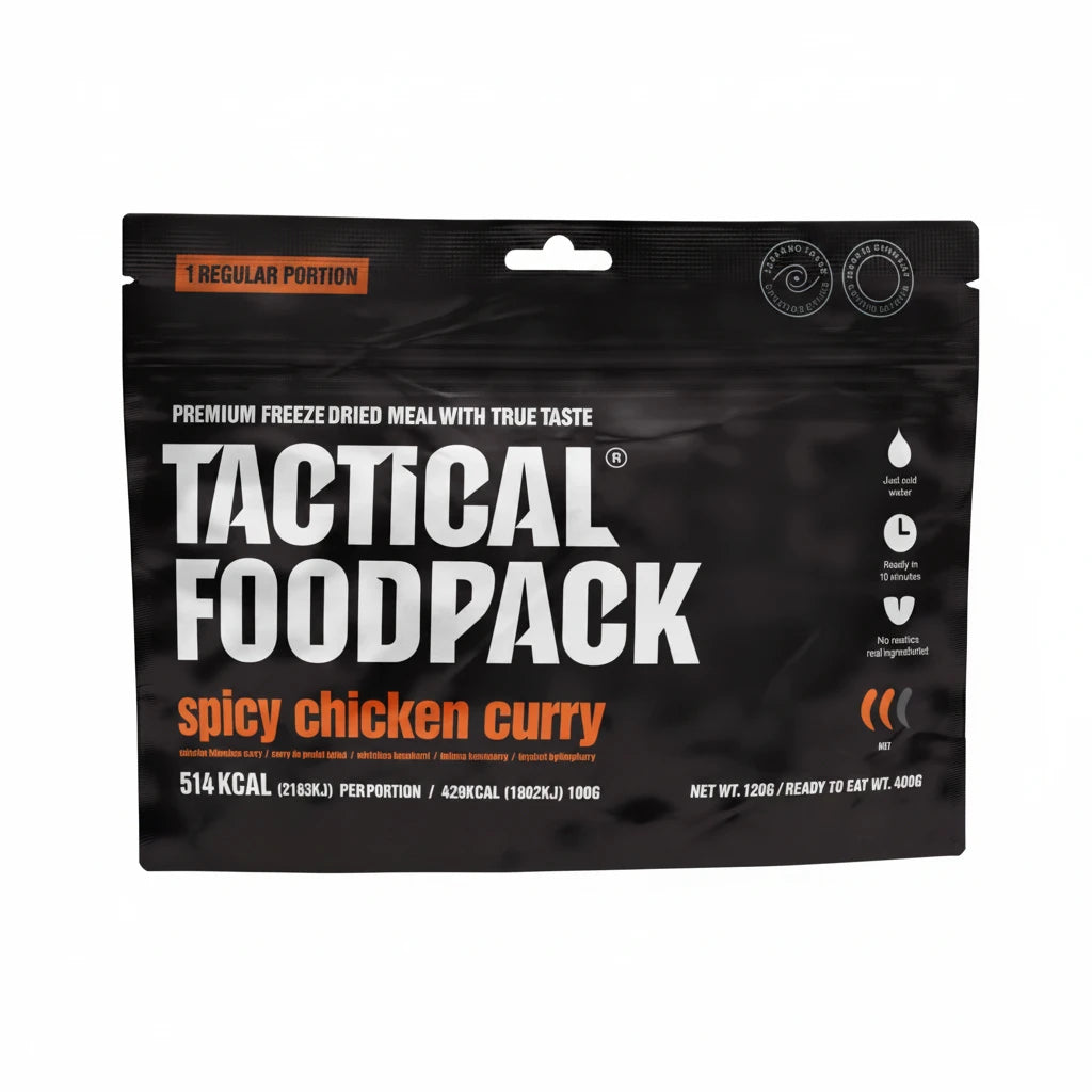 Tactical Foodpack Spicy Chicken Curry freeze-dried meal package on a white background
