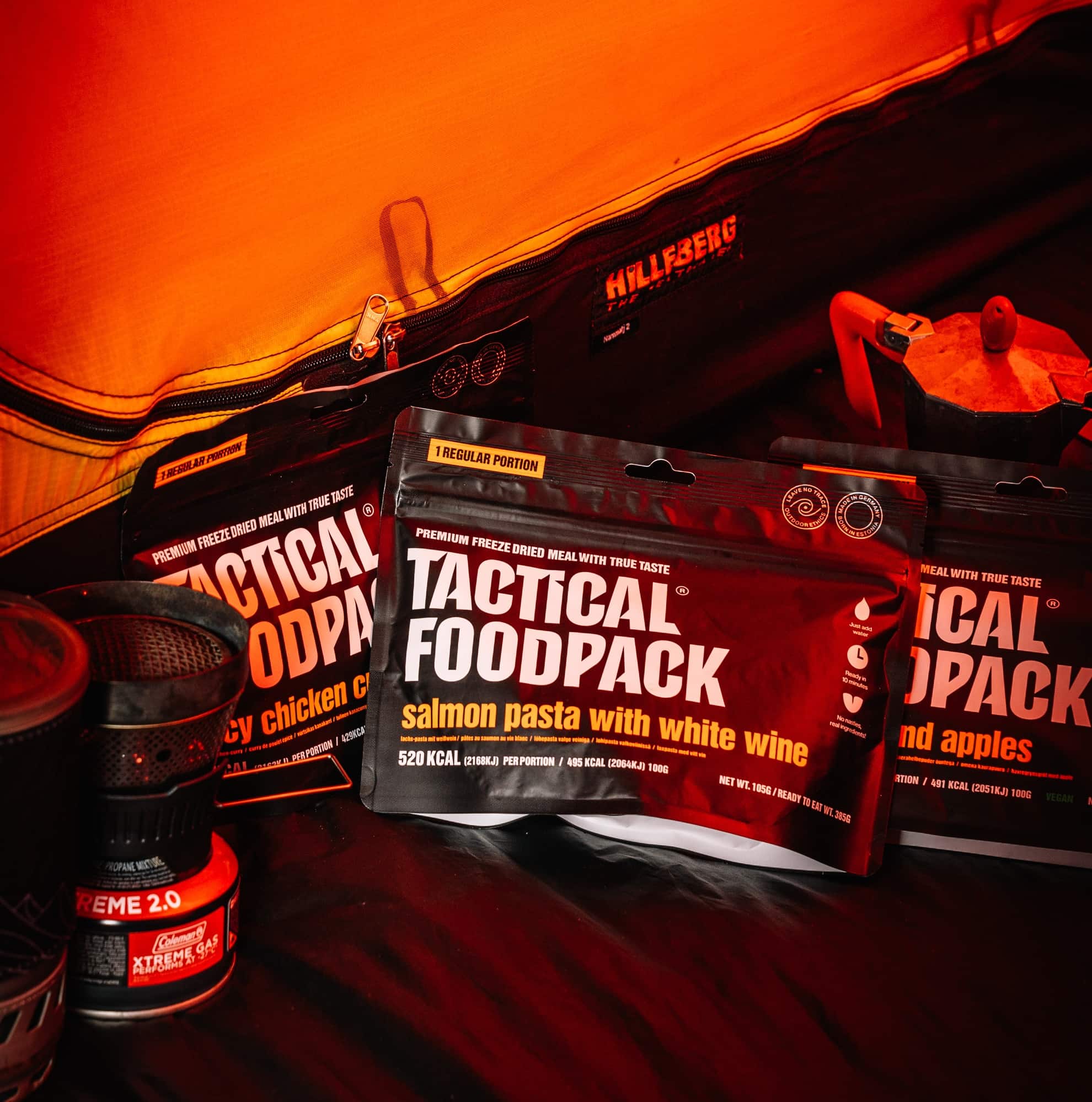Tactical Foodpack Freeze-Dried Meal - Salmon Pasta with White Wine tent