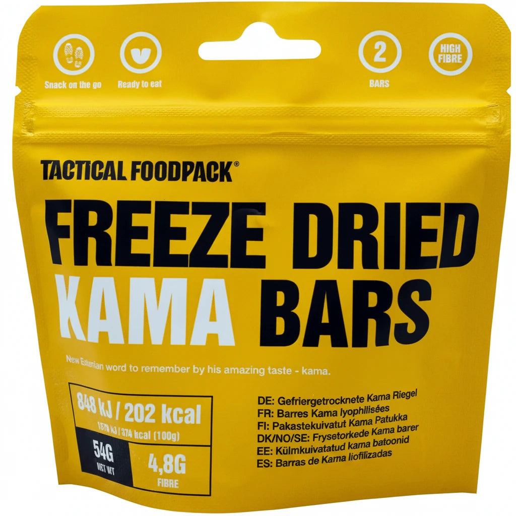 Yellow package of Tactical Foodpack freeze-dried Kama bars with black text.