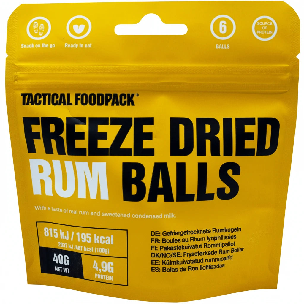Yellow package of Tactical Foodpack Freeze Dried Rum Balls on a white background