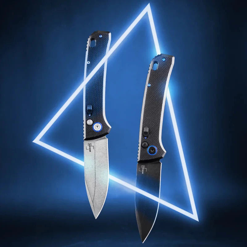 Two Boeker FRND Black with blue accents on a dark background with a neon triangle outline.