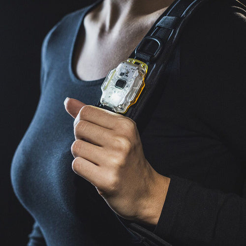 Armytek LED Pocket Flashlight Crystal WRB on backpack