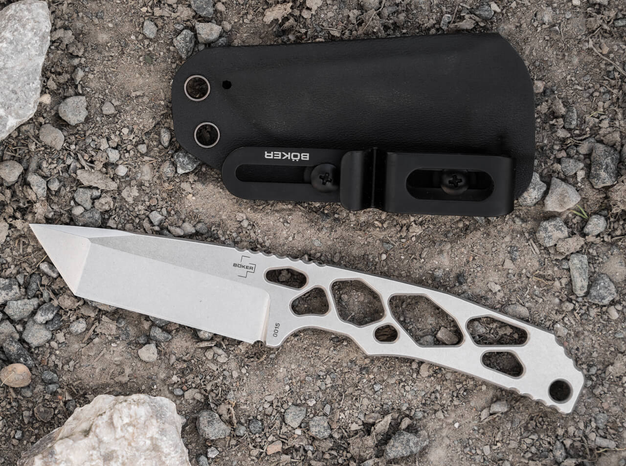 Böker Superlight Tanto with holster on rocks