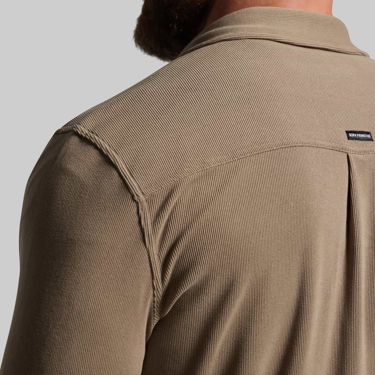 Born Primitive Woodsman Stretchy Corduroy desert tan brand label detail