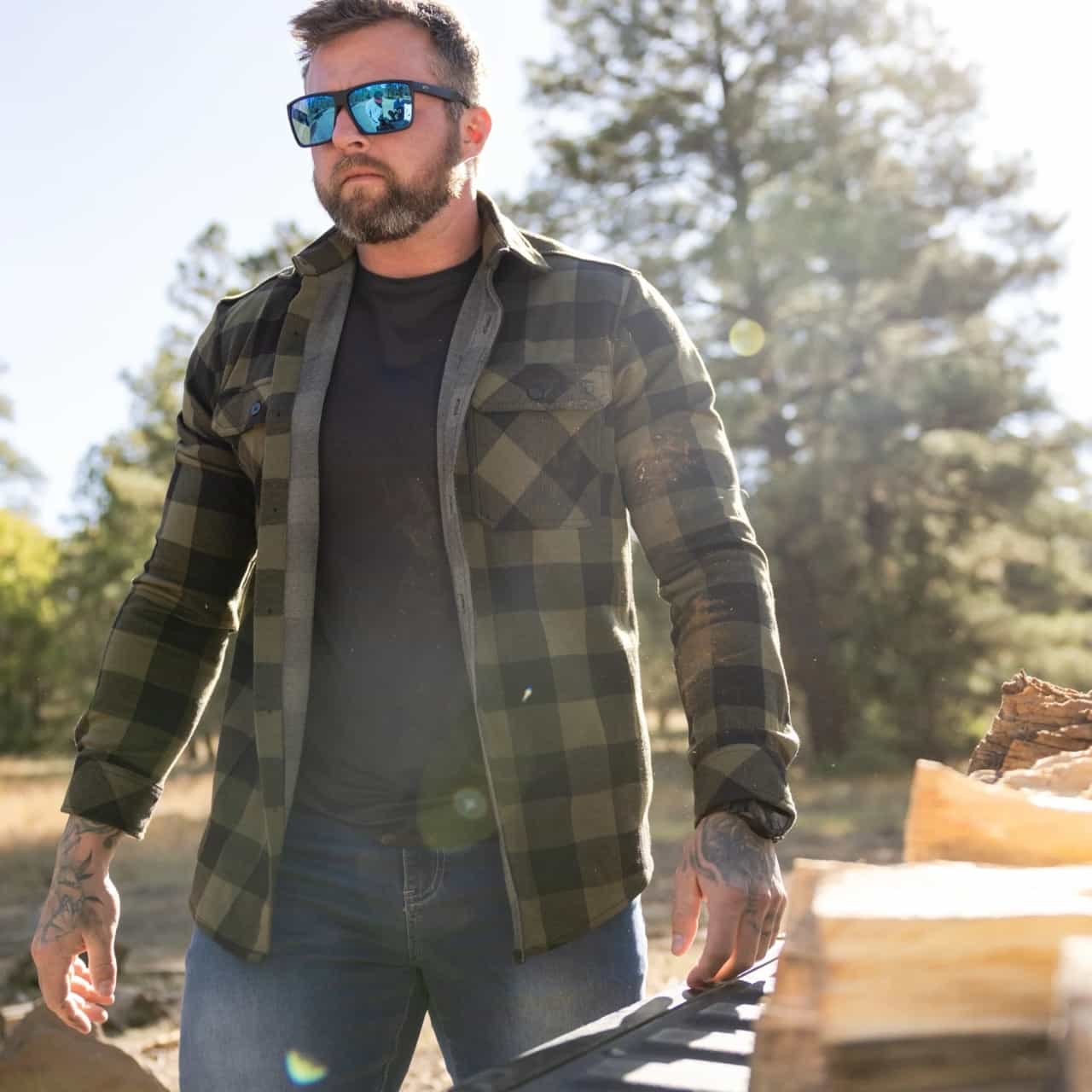 Born Primitive Woodsman Stretchy Flannel forest outdoor view