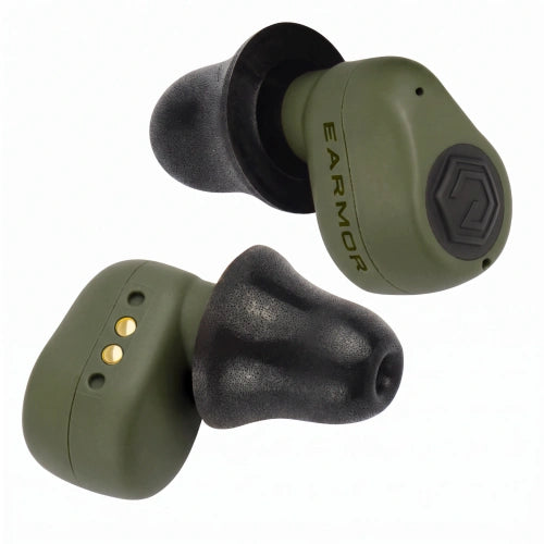EARMOR M23T AI Bluetooth earbuds in Foliage Green with black foam ear tips