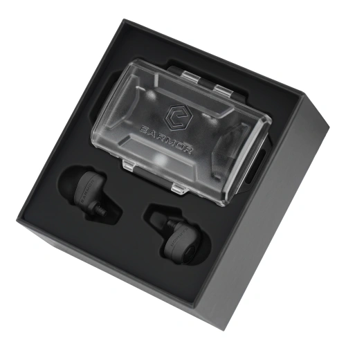 EARMOR M23T AI Tactical Black earbuds and charging case in the box insert