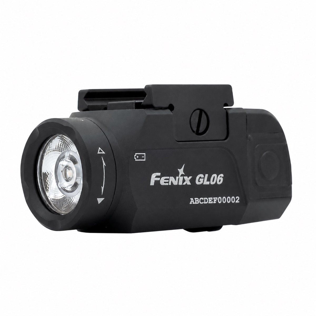 Black Fenix GL06 pistol light, front and side view