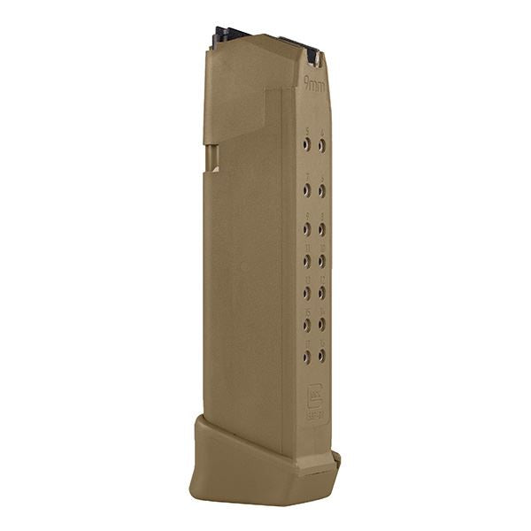 Glock Extended (+2) Magazine 9mm G19X 19-round coyote 45-degree view