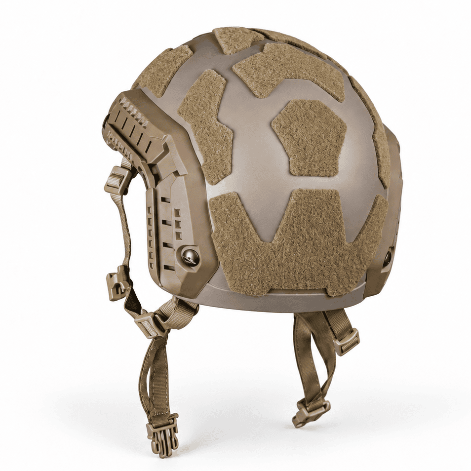 Kolibri Works OpsCore FAST SF K.fluffs in Coyote mounted on tactical helmet, rear view