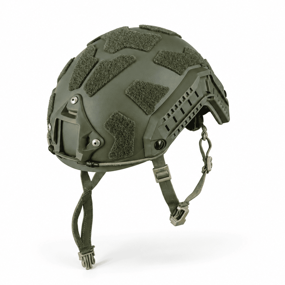 Kolibri Works OpsCore FAST SF K.fluffs in Ranger Green mounted on tactical helmet