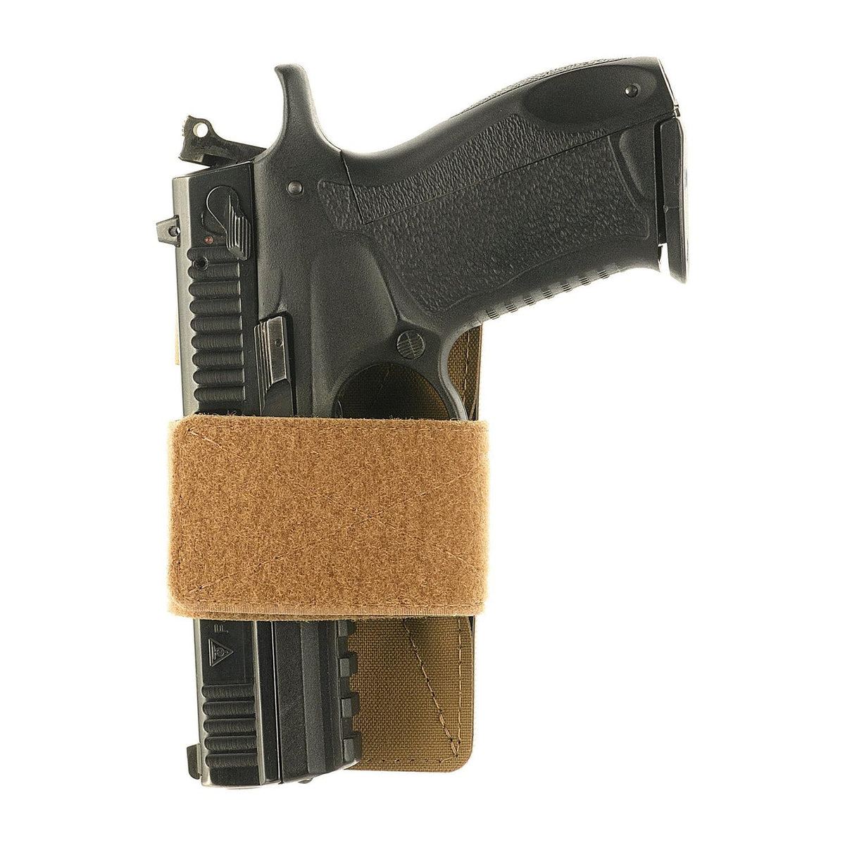 M-Tac Light Velcro Pistol Insert in Coyote holding a demonstration pistol, front view; pistol not included