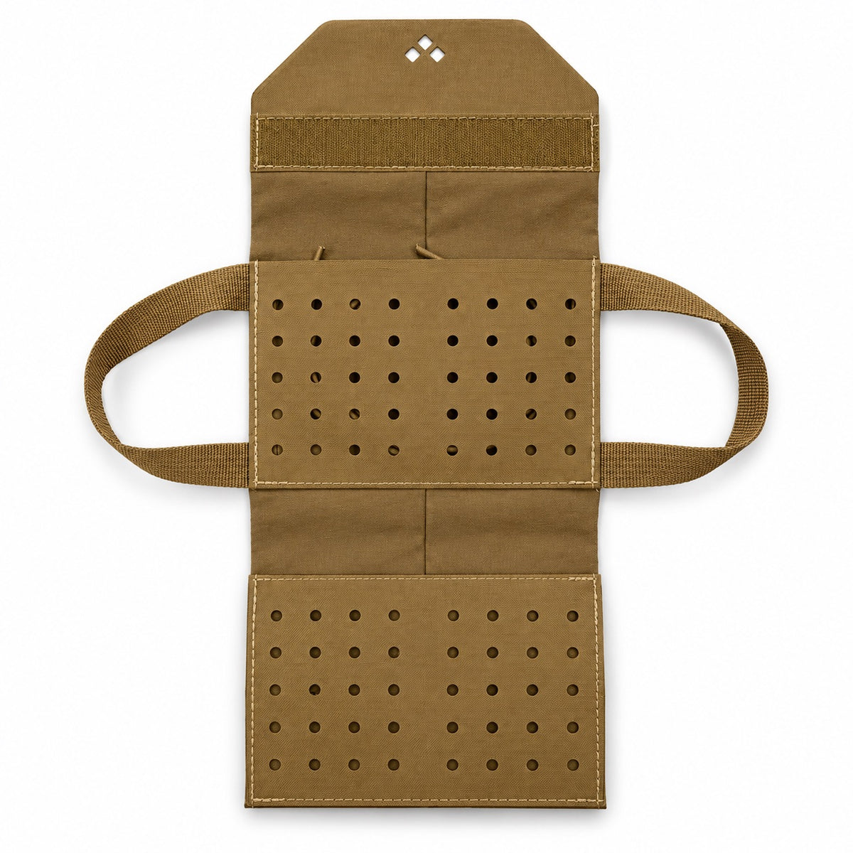 Panneltac Low Vis IFAK coyote insert unfolded, showing perforated retention panels and pull handles