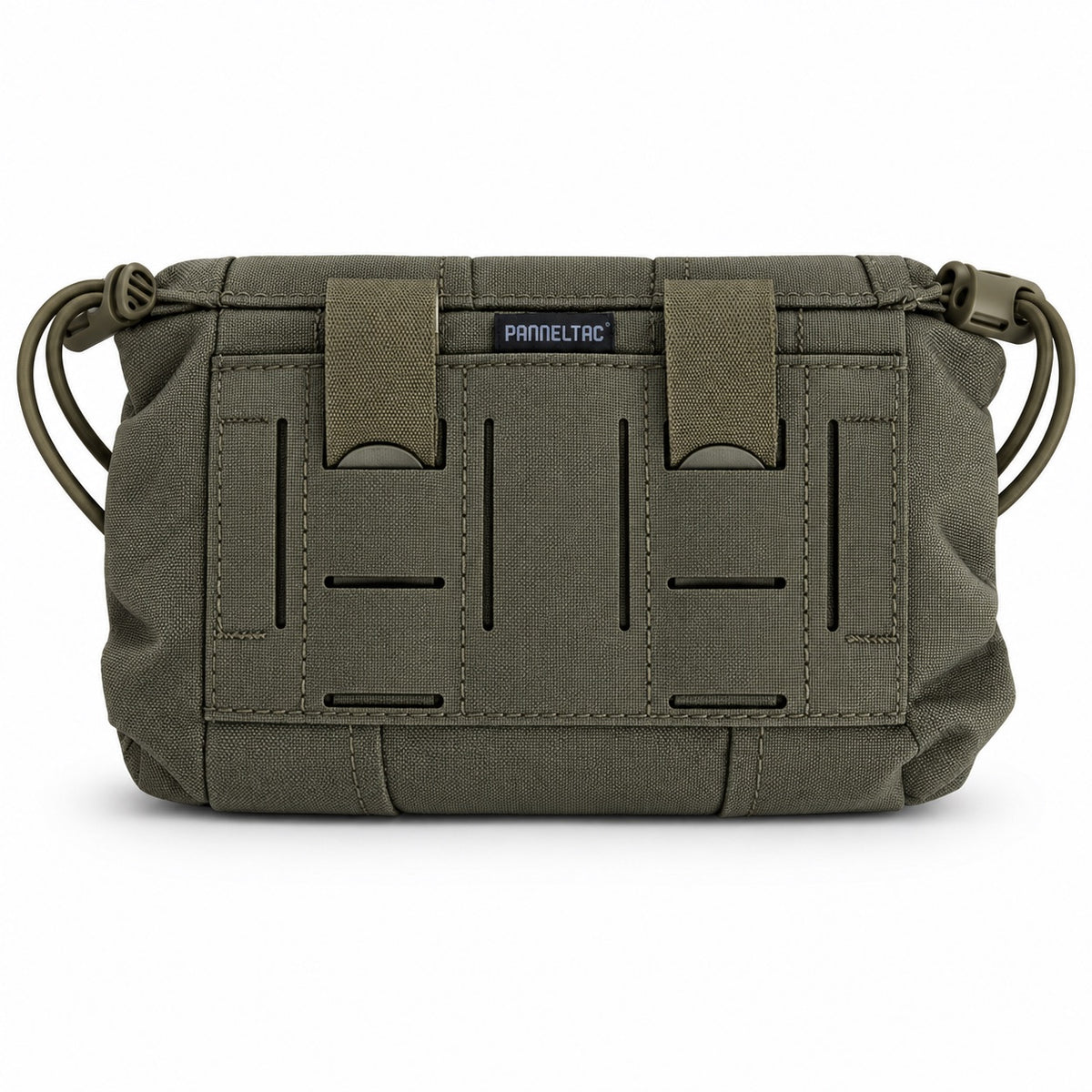 Panneltac Low Vis IFAK in Ranger Green, rear MOLLE mounting panel and cord locks