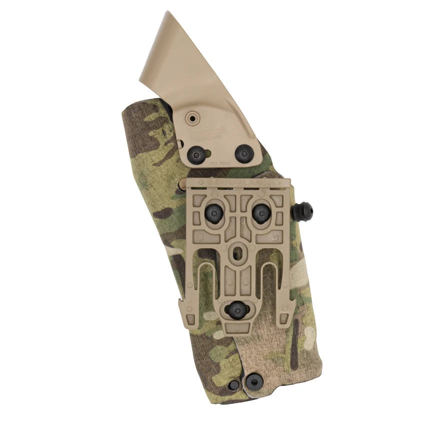 Rear view of Safariland 6354RDSO ALS holster with QLS 19 fork in Multicam