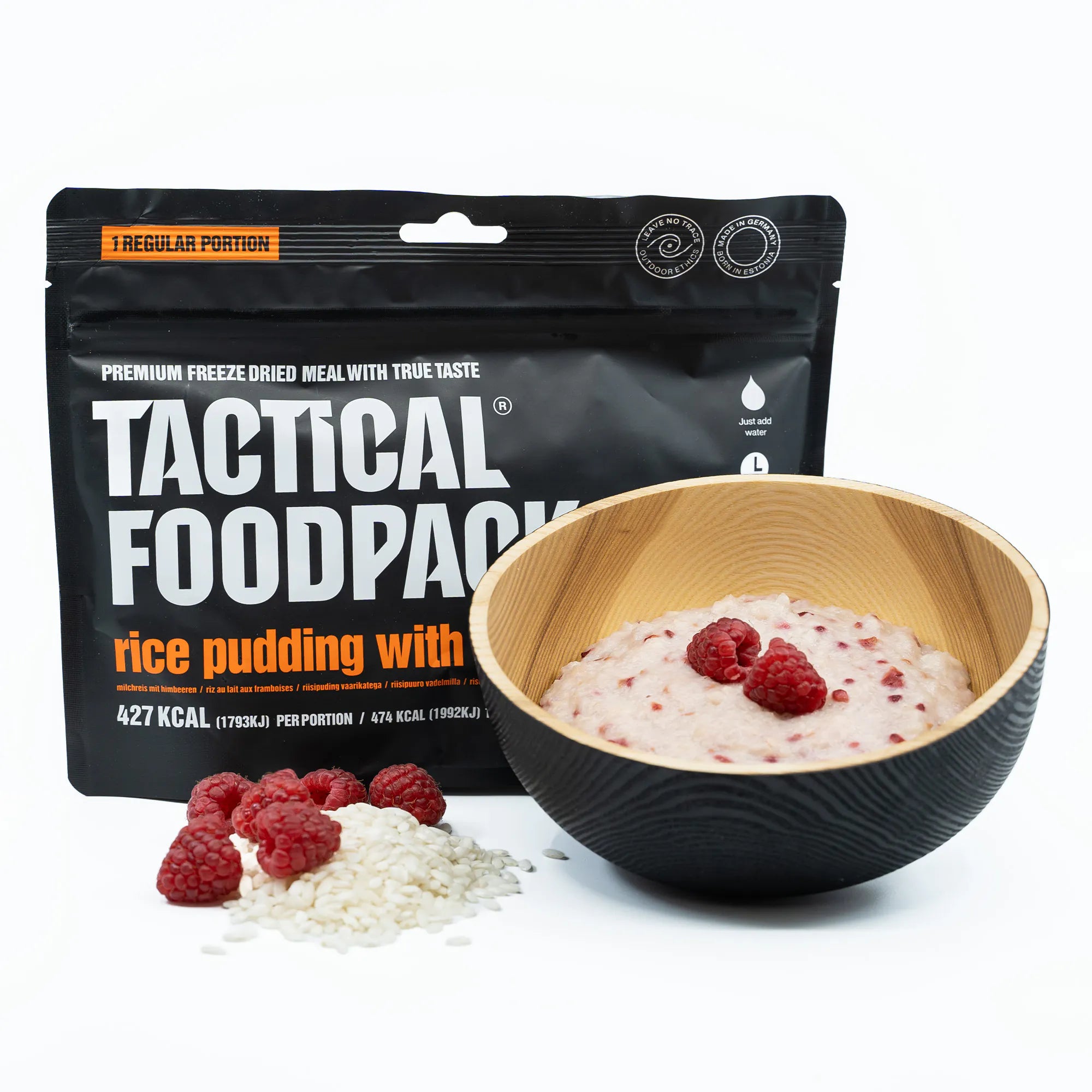 Tactical Foodpack Rice Pudding with Raspberries prepared meal