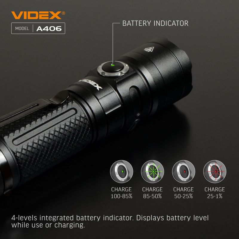 Videx A406 Tactical Flashlight - 4000 lm battery indicator